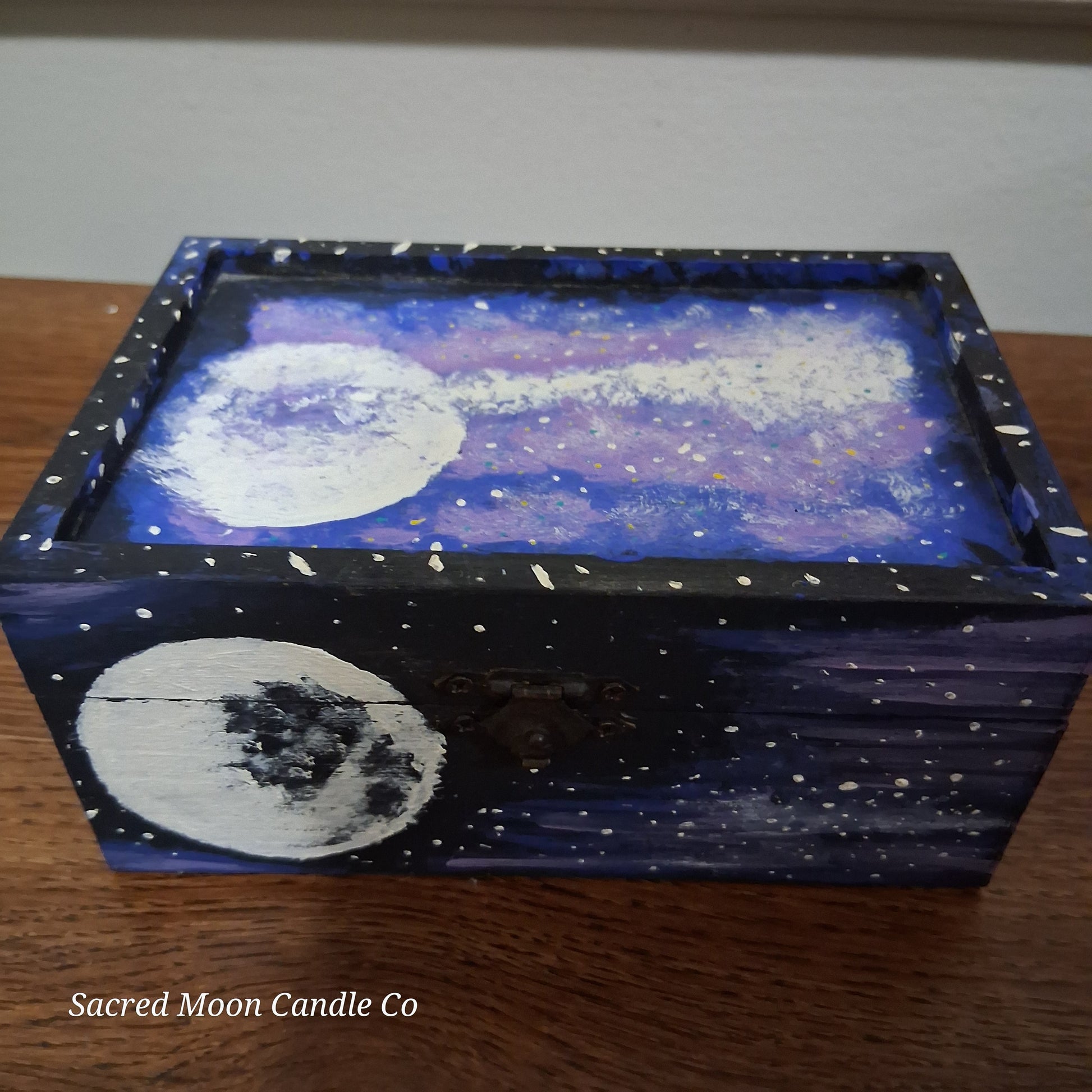 Sacred Moon Candle Co handpainted cosmic apothecary box wooden keepsake box with moon and starry galaxy painting