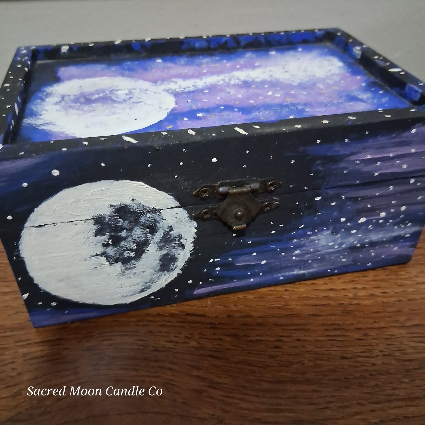 Sacred Moon Candle Co handpainted cosmic apothecary box wooden keepsake box with moon and galaxy art