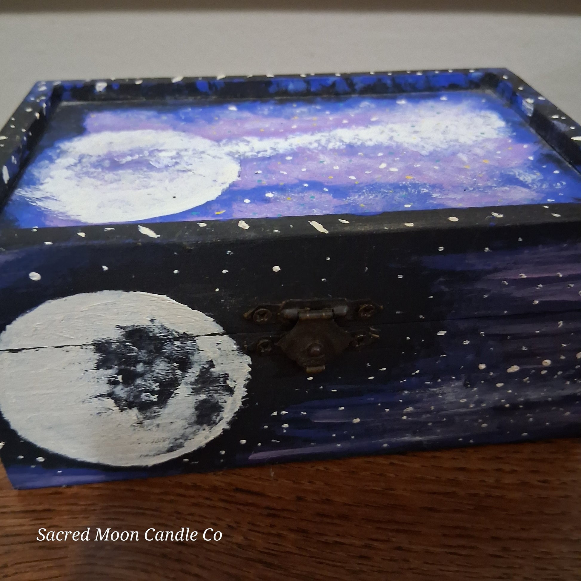 handpainted cosmic apothecary box by Sacred Moon Candle Co wooden jewelry box with moon and galaxy painting