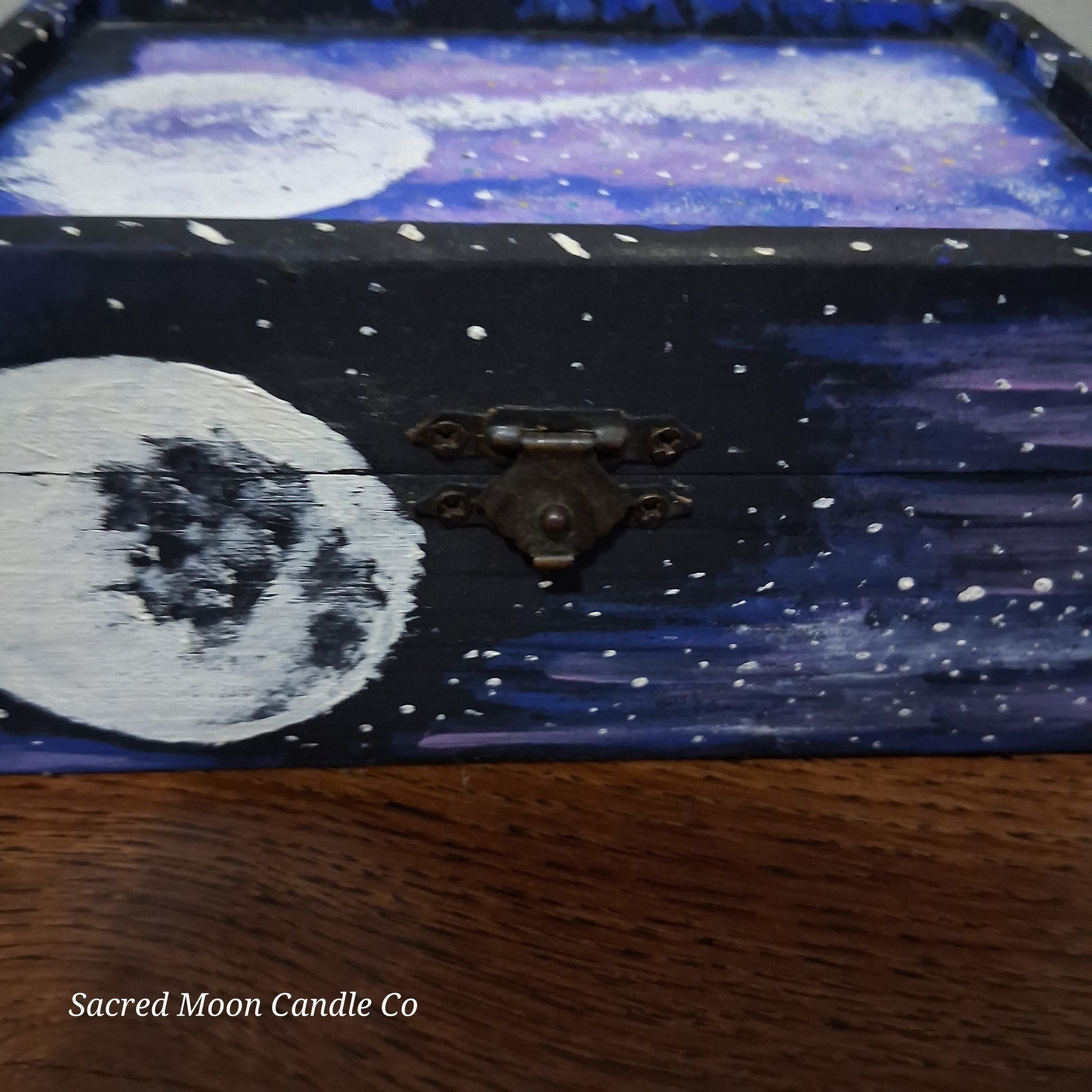 Sacred Moon Candle Co handpainted cosmic apothecary box with moon phases and starry galaxy design