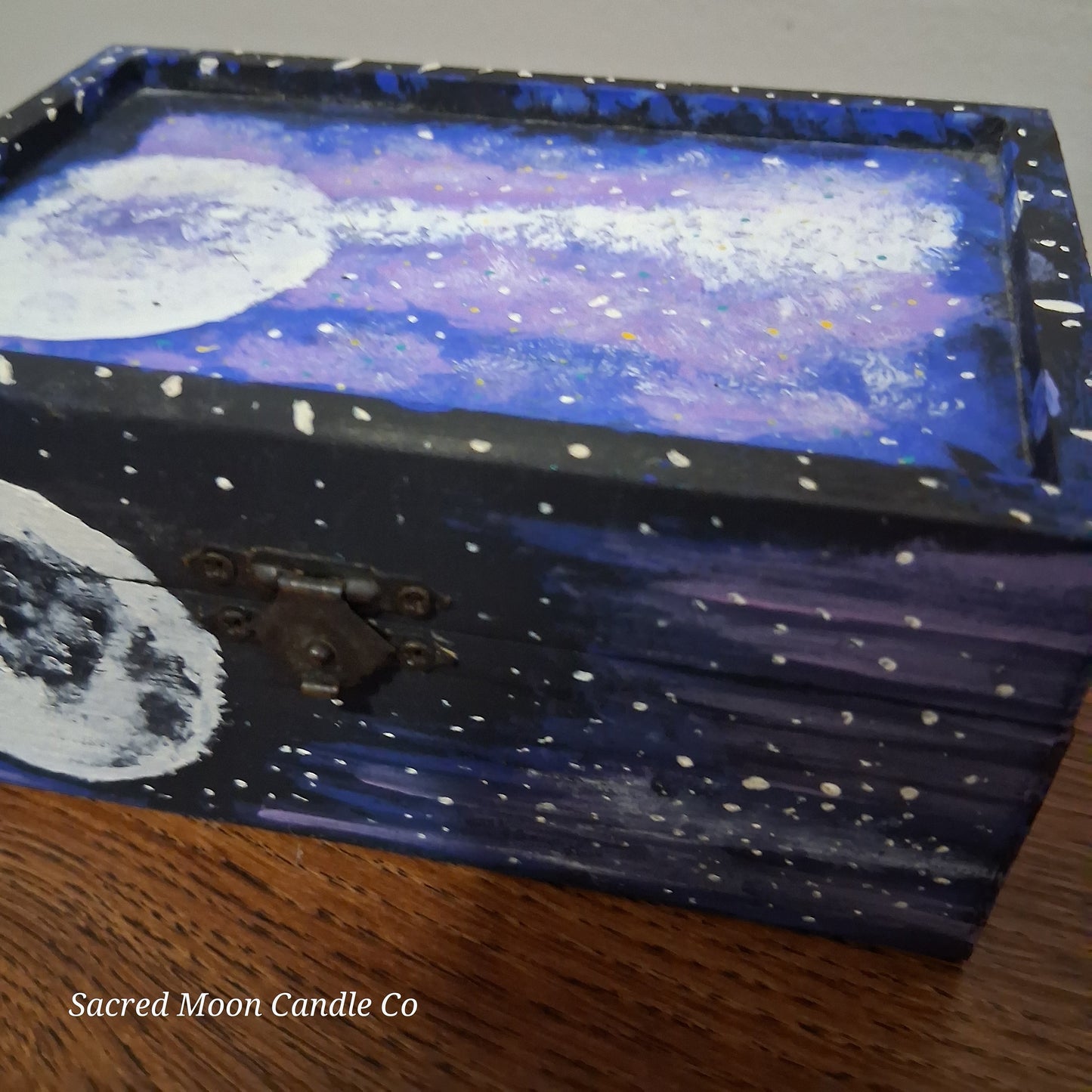 Sacred Moon Candle Co handpainted cosmic apothecary box with moon and star galaxy design for home decor storage