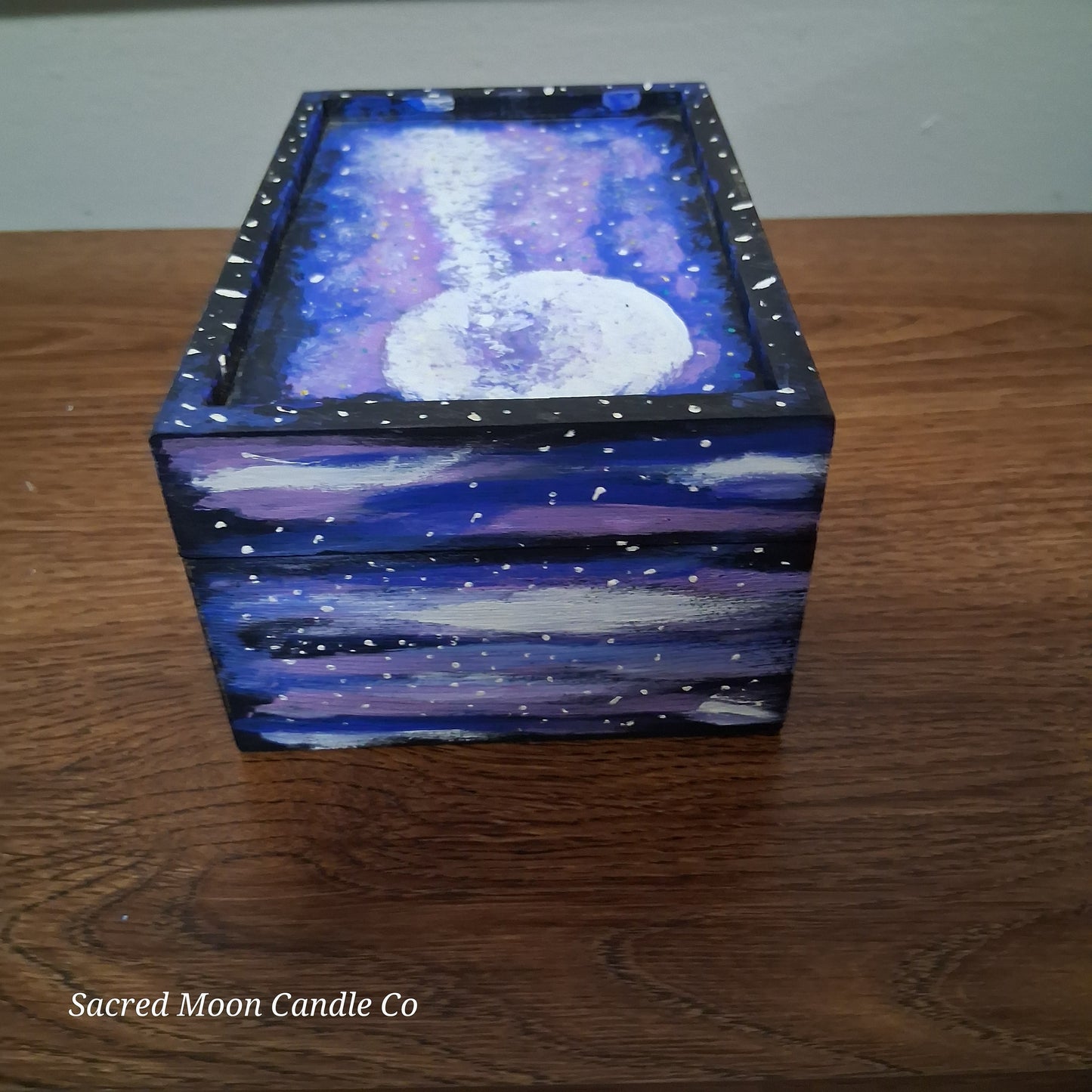 Sacred Moon Candle Co handpainted cosmic apothecary box wooden box with purple blue galaxy moon and star speckles
