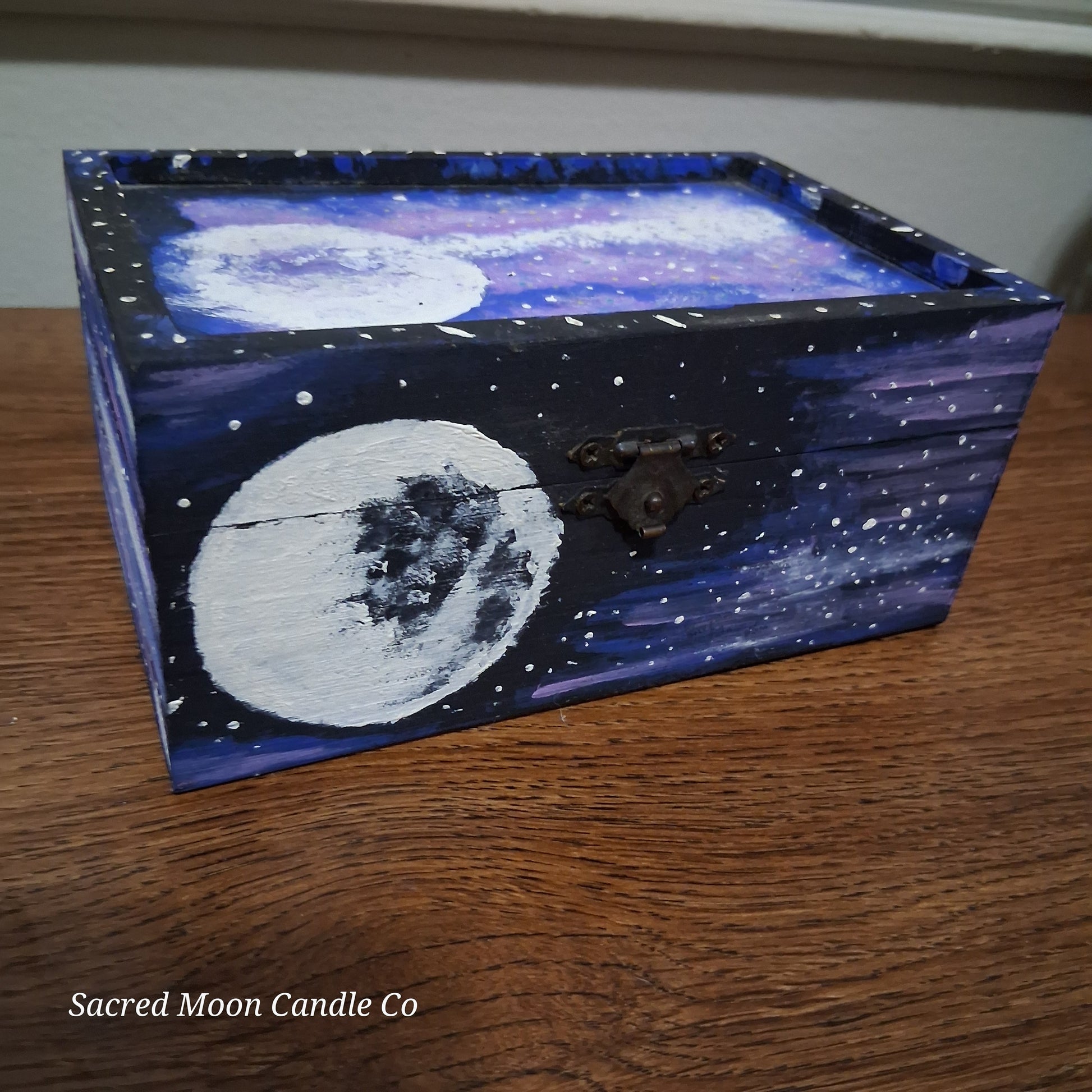 Sacred Moon Candle Co handpainted cosmic apothecary box wooden jewelry box with moon and galaxy painting
