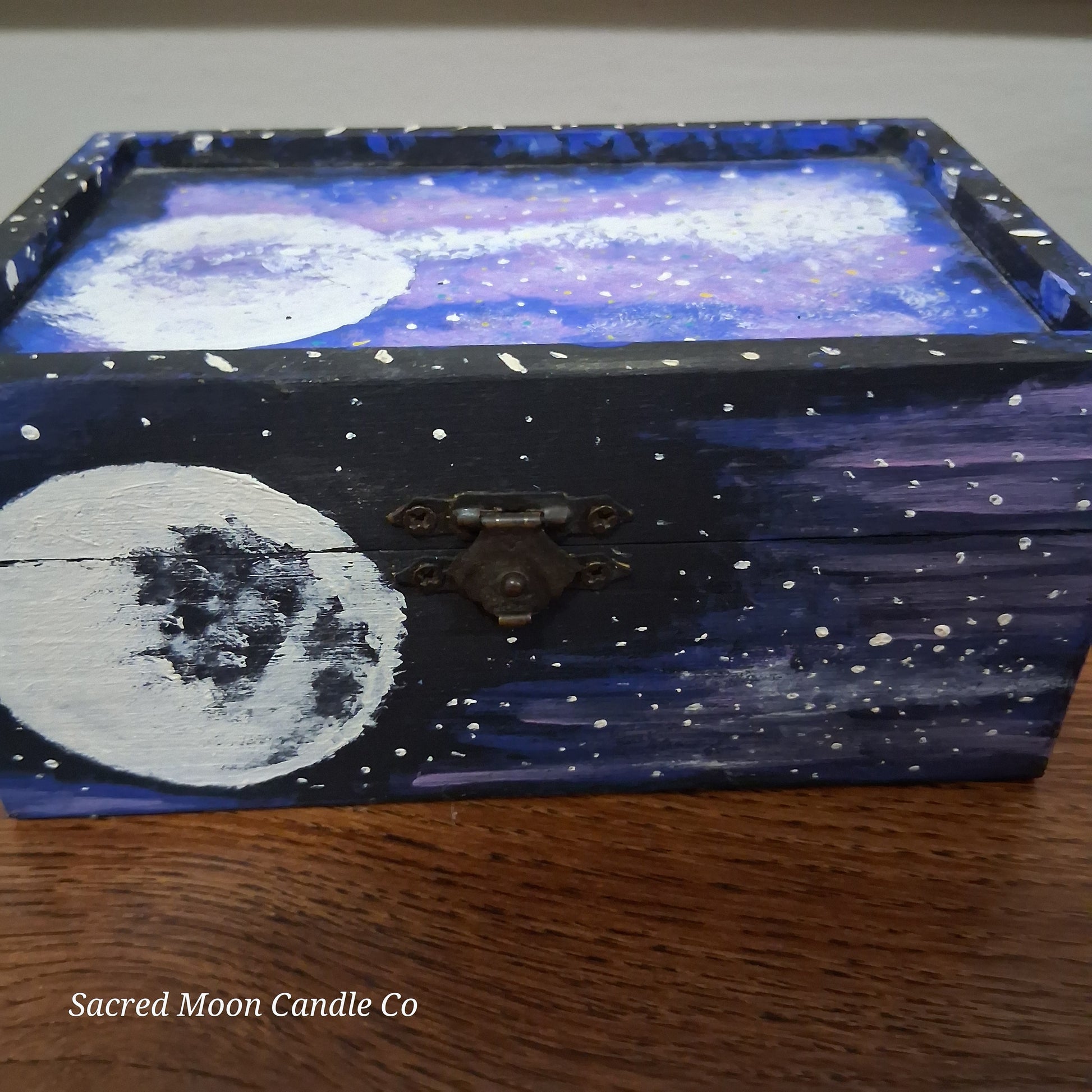 Sacred Moon Candle Co handpainted cosmic apothecary box wooden moon and galaxy design with antique metal latch