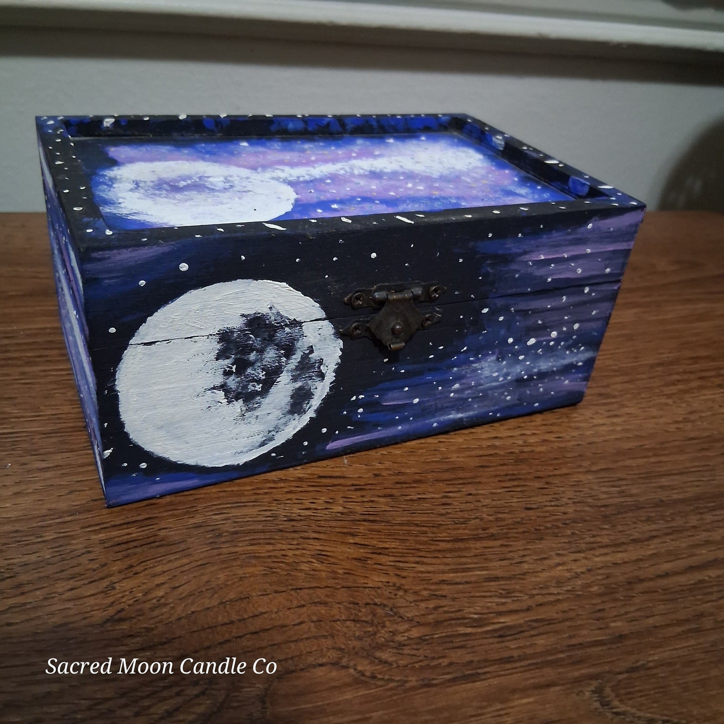 handpainted cosmic apothecary box with moon and galaxy design wooden keepsake box by Sacred Moon Candle Co