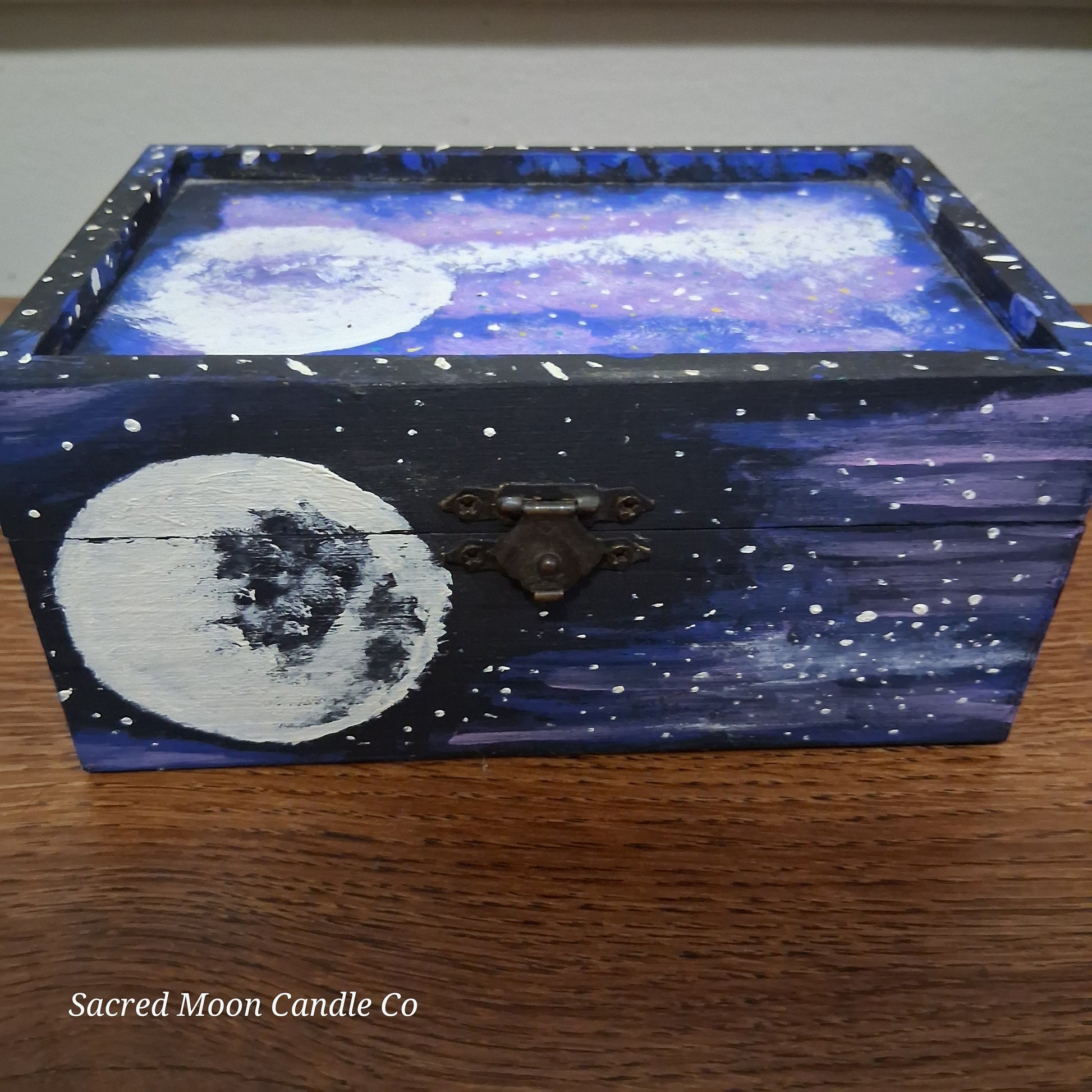 Sacred Moon Candle Co handpainted cosmic apothecary box wooden keepsake painted moon and galaxy in blue purple