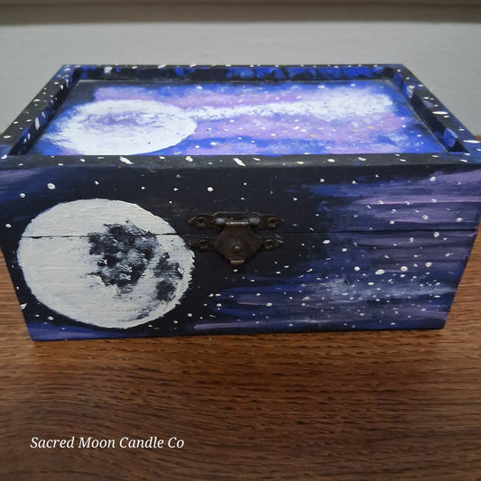 Sacred Moon Candle Co handpainted cosmic apothecary box with moon and star galaxy design for jewelry or keepsakes