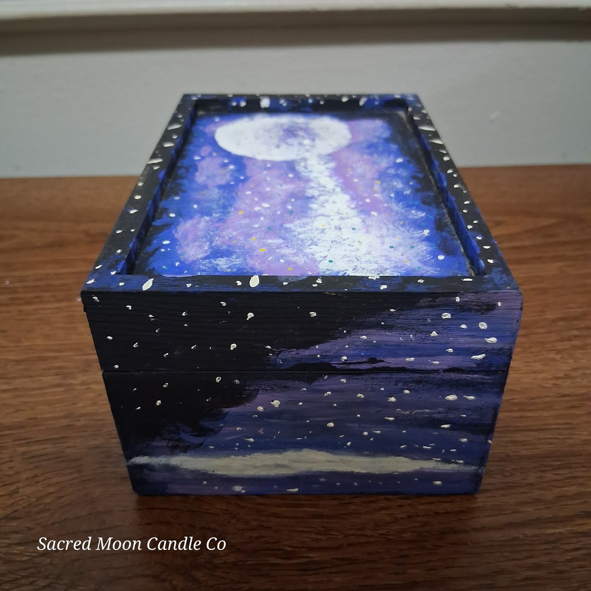 Sacred Moon Candle Co handpainted cosmic apothecary box wood trinket box with moonlit galaxy painting