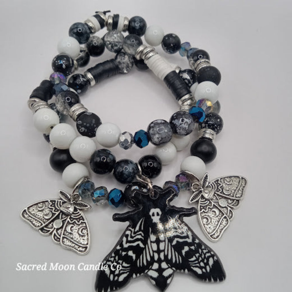 Lunar moth jewelry set black and white beaded bracelet with silver moth charms by Sacred Moon Candle Co