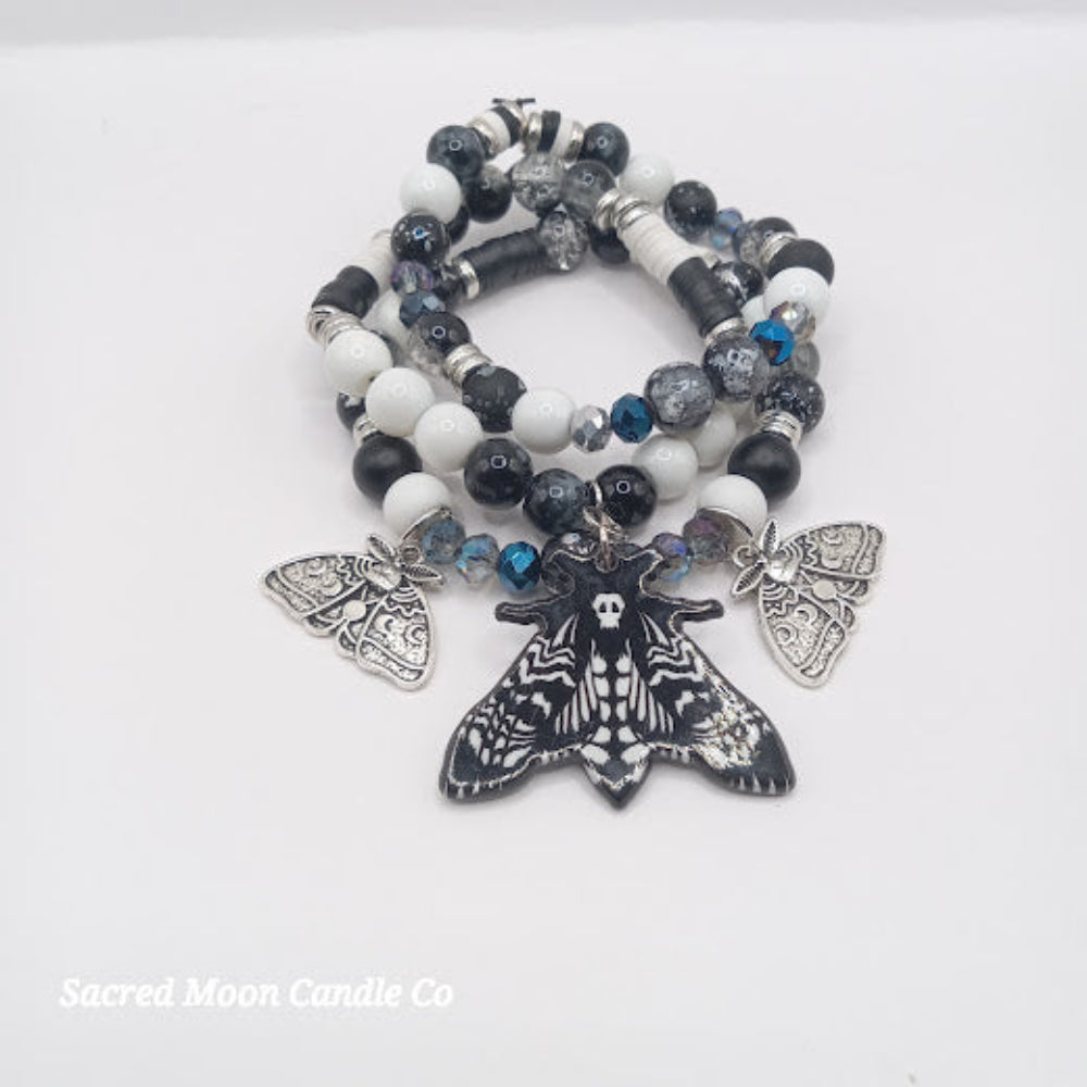 Lunar moth jewelry set bracelet with black and white beads and silver moth charms by Sacred Moon Candle Co