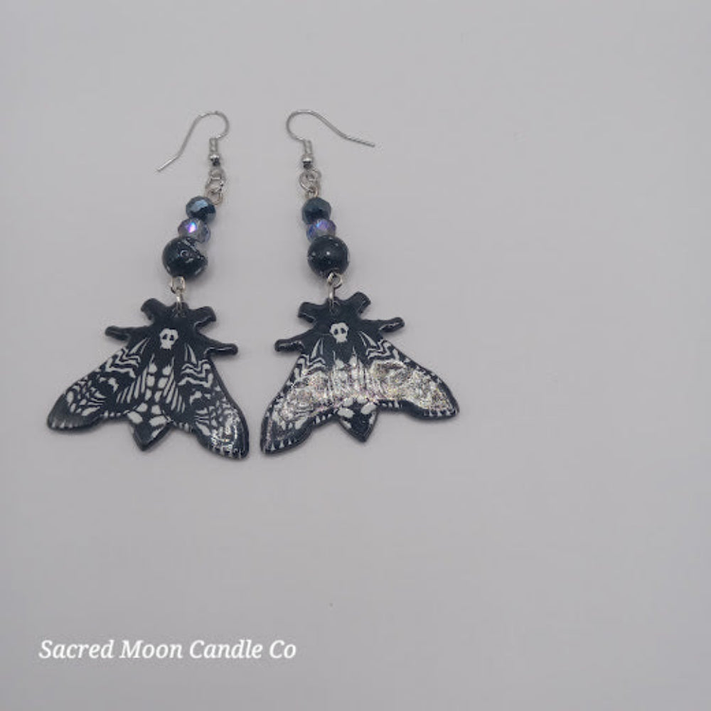 Sacred Moon Candle Co black and white lunar moth jewelry set earrings with bead accents