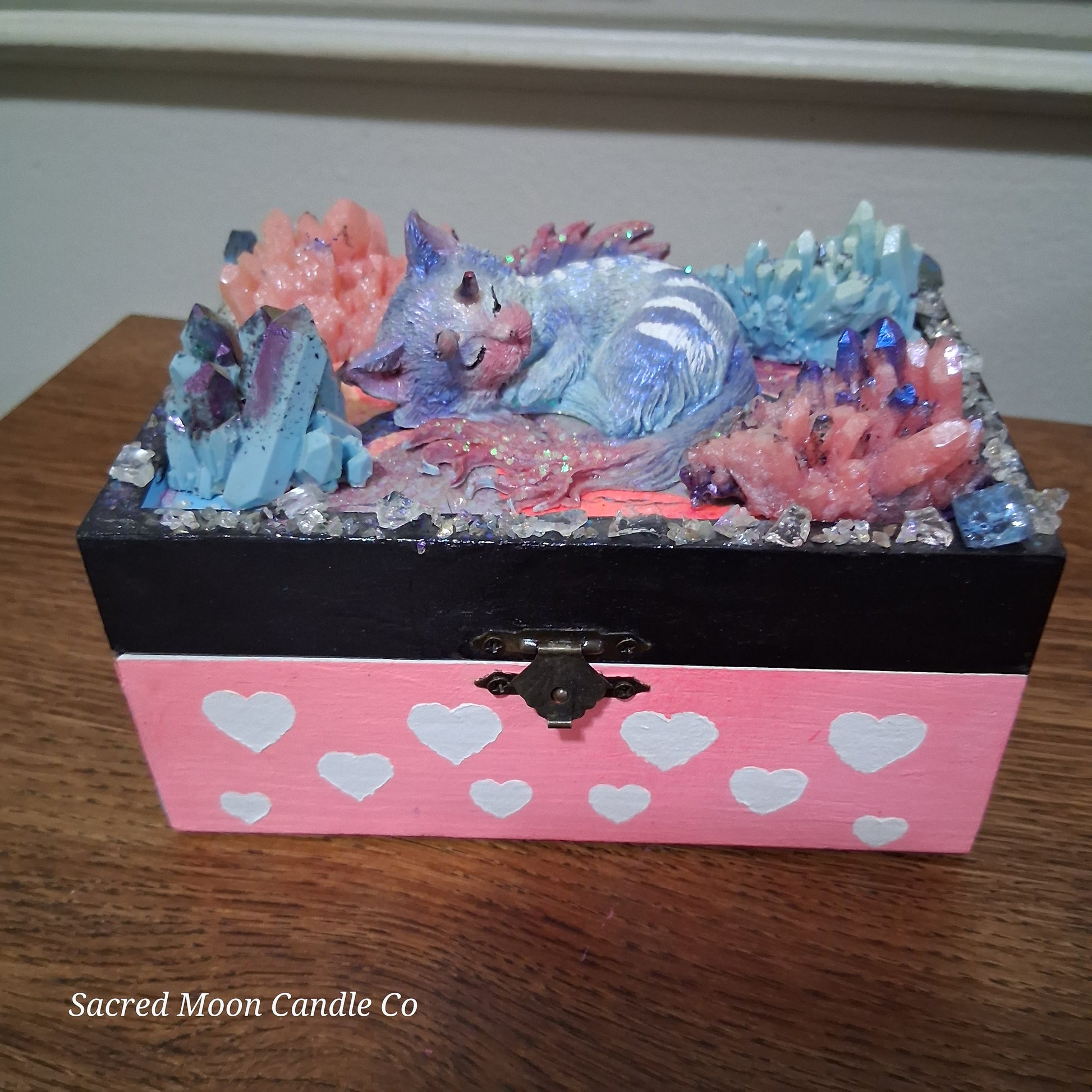 Sacred Moon Candle Co mystical cat dragon apothecary box with sleeping painted cat pastel crystals and pink heart wooden box