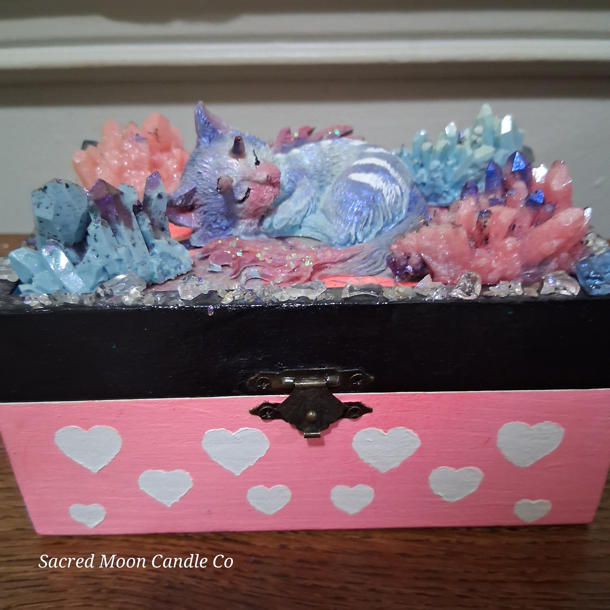 Pink heart wooden box with sleeping pastel cat dragon among blue and pink crystals mystical cat dragon apothecary box