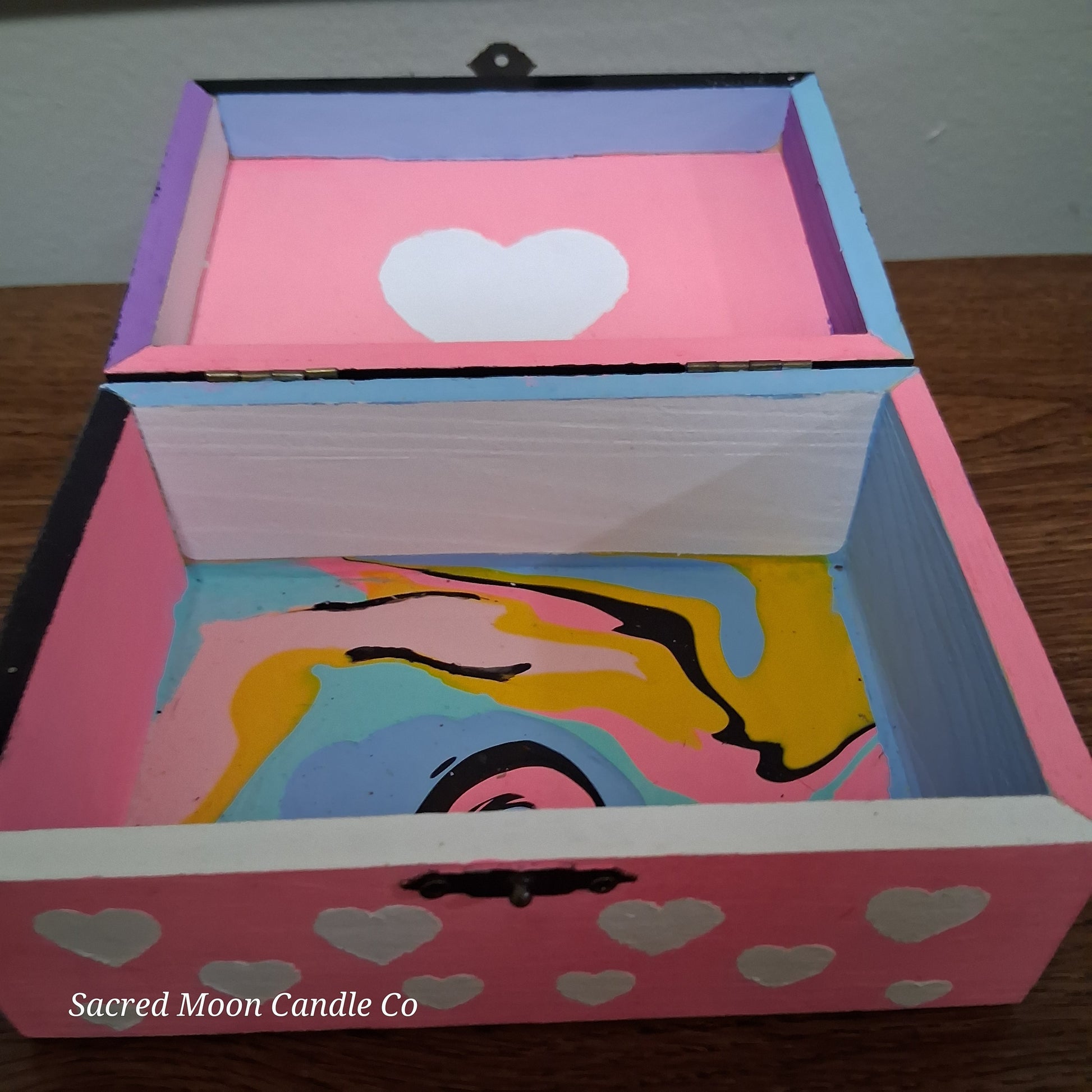 Hand painted pink wooden altar box with white hearts marbled interior ideal mystical cat dragon apothecary box for altar tools