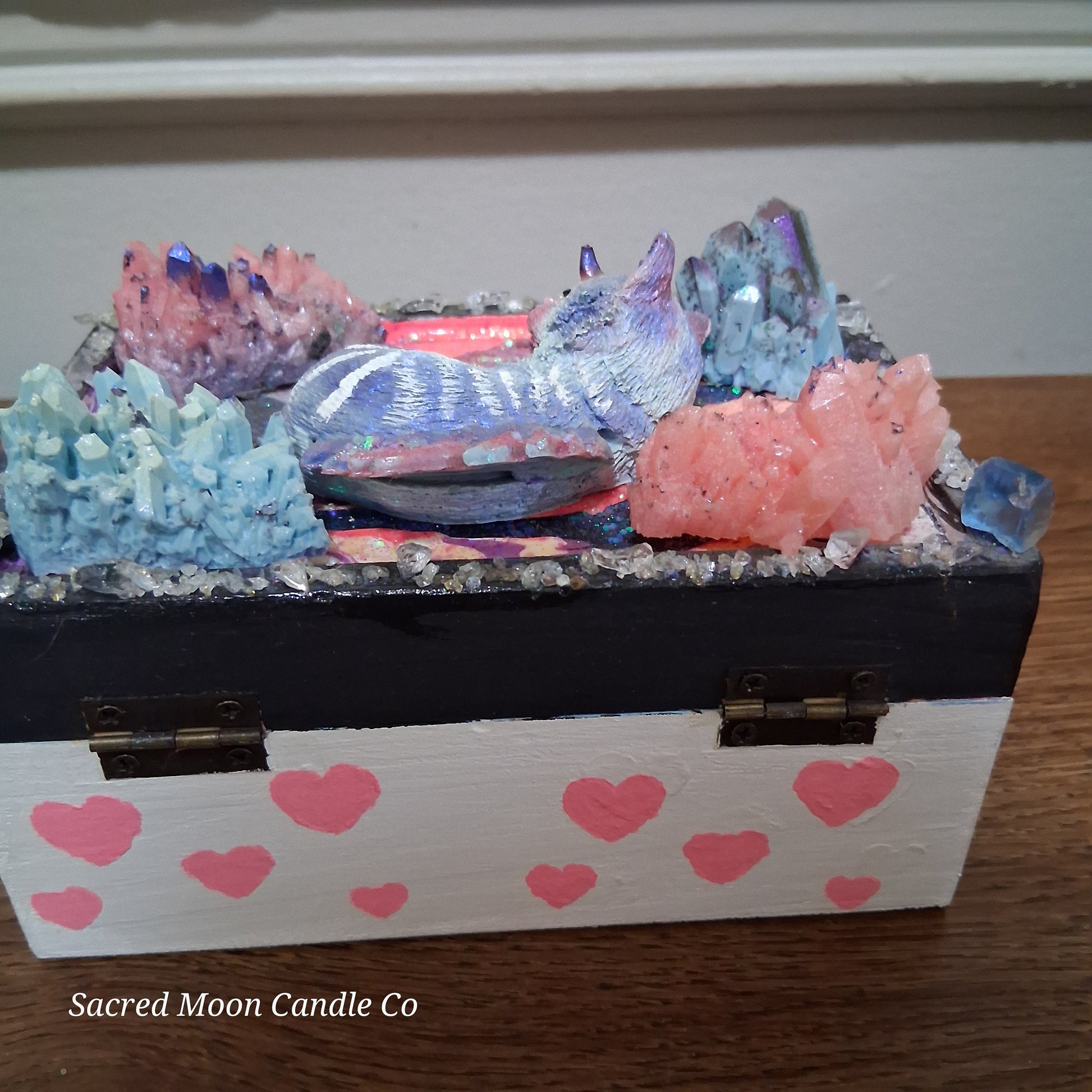 Sacred Moon Candle Co mystical cat dragon apothecary box handcrafted altar tool with crystals and sleeping cat figurine