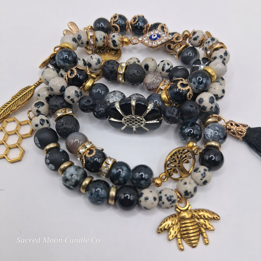 One with Nature Bohemian Dalmatian Jasper Bracelet Stack black and white beaded stack with gold bee tree and honeycomb charms