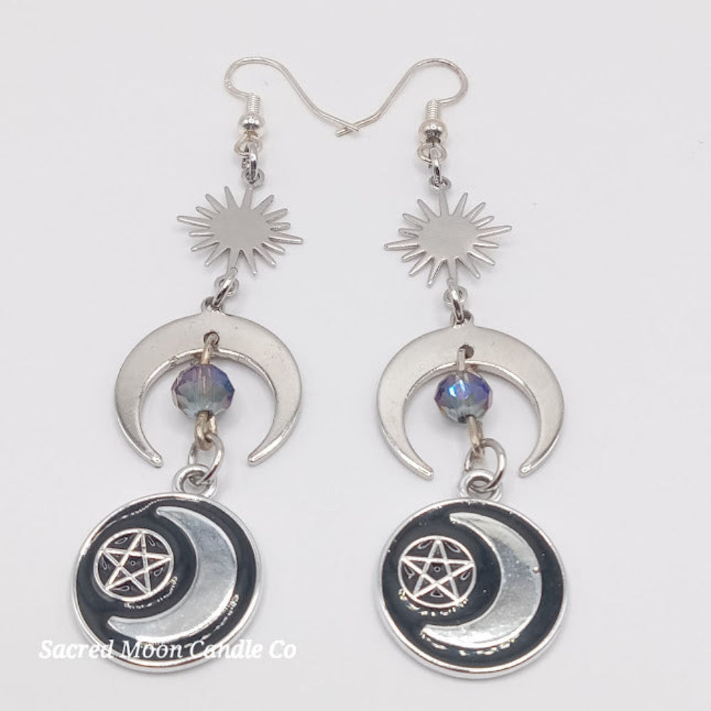 Sacred Moon Candle Co silver pentacle moon dangle earrings with crescent moon and star charm