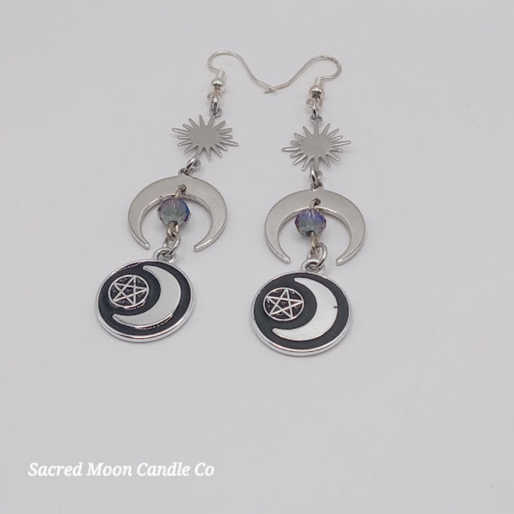 Silver pentacle moon dangle earrings with crescent moon and sun charm by Sacred Moon Candle Co