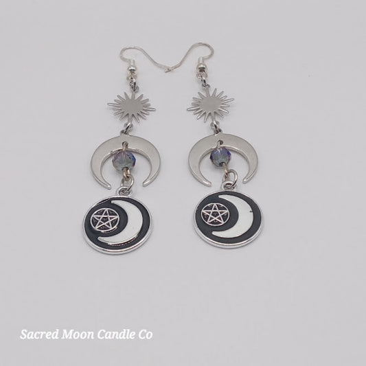 Sacred Moon Candle Co pentacle moon dangle earrings with crescent moon and star design