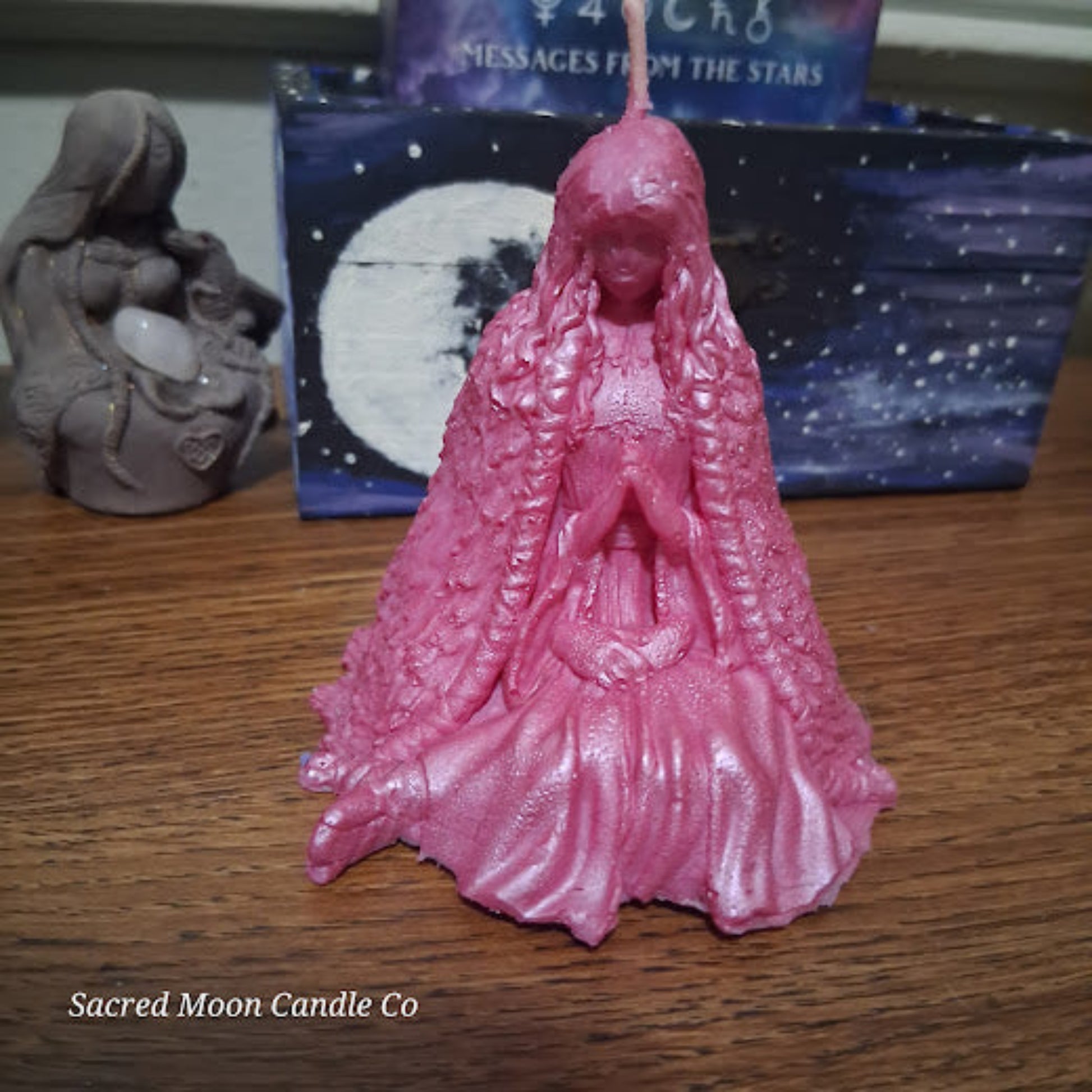 Sacred Moon Candle Co pink water lily goddess candle for altar soy beeswax blend seated praying figure