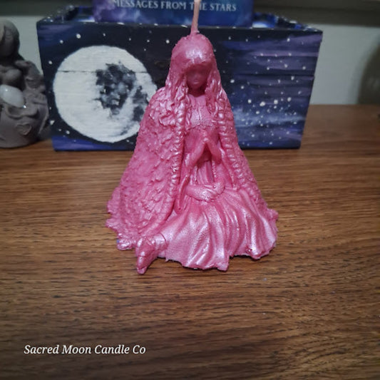 Pink seated goddess altar candle with draped cloak and praying hands pink water lily goddess candle for altar soy beeswax blend