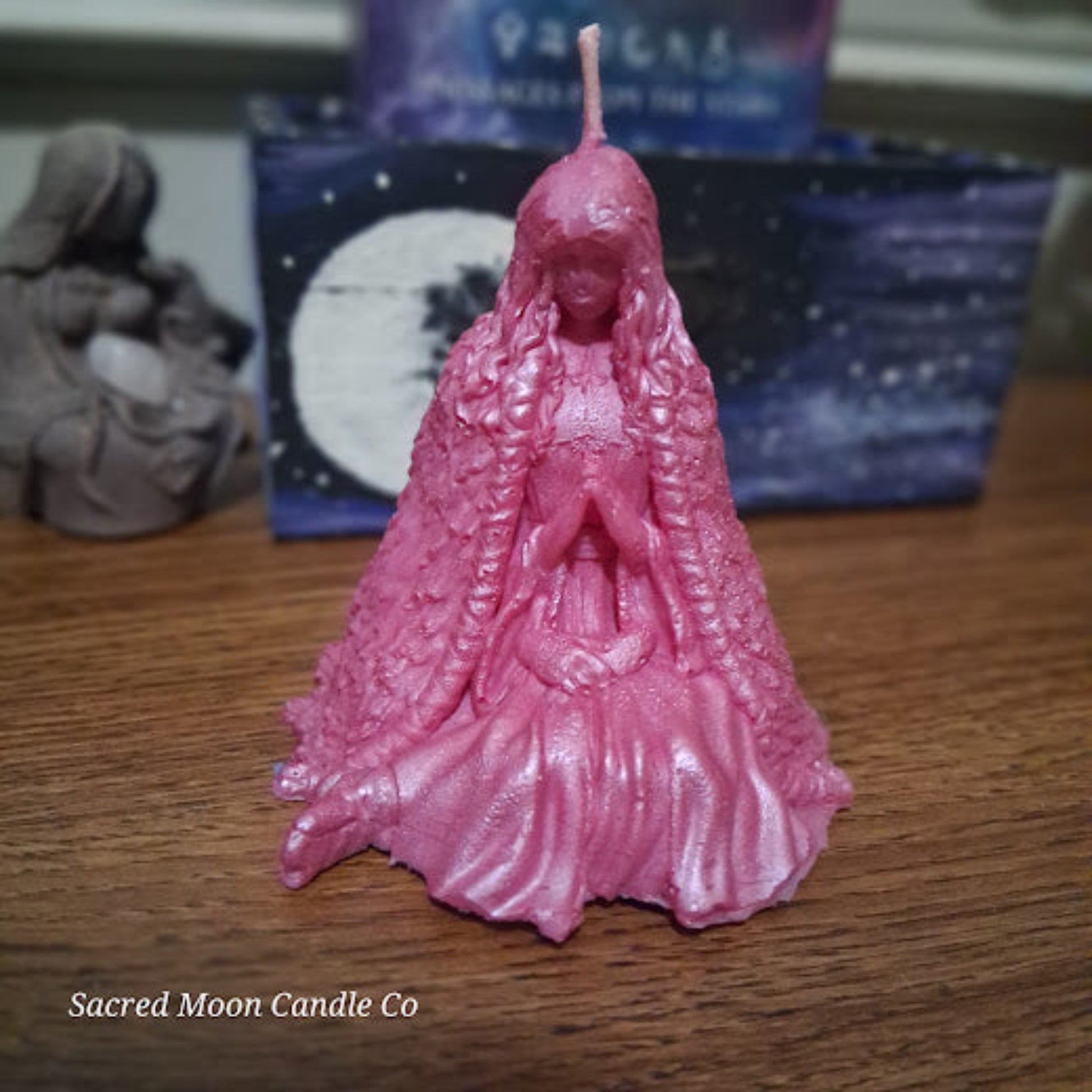 Sacred Moon Candle Co pink water lily goddess candle for altar soy beeswax blend seated goddess figure candle