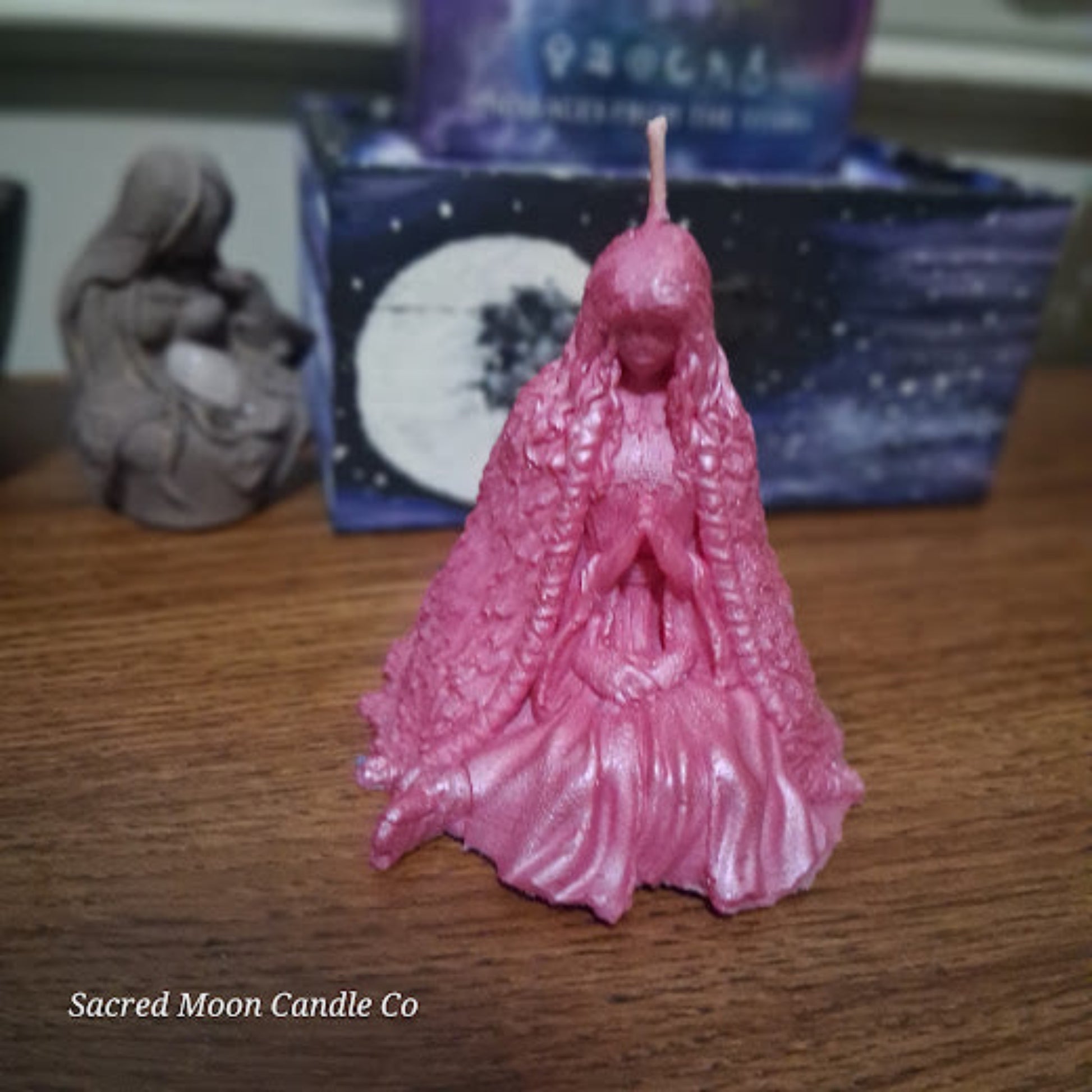 pink water lily goddess candle for altar soy beeswax blend Sacred Moon Candle Co detailed praying goddess figurine