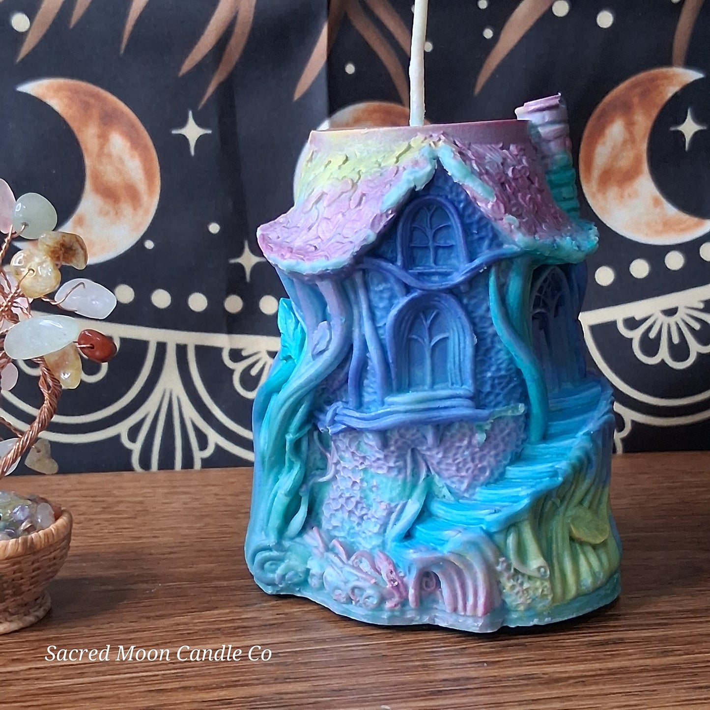 Rainbow Sherbert Sweet Blossom Scented Treehouse Candle by Sacred Moon Candle Co with pastel colors and detailed design