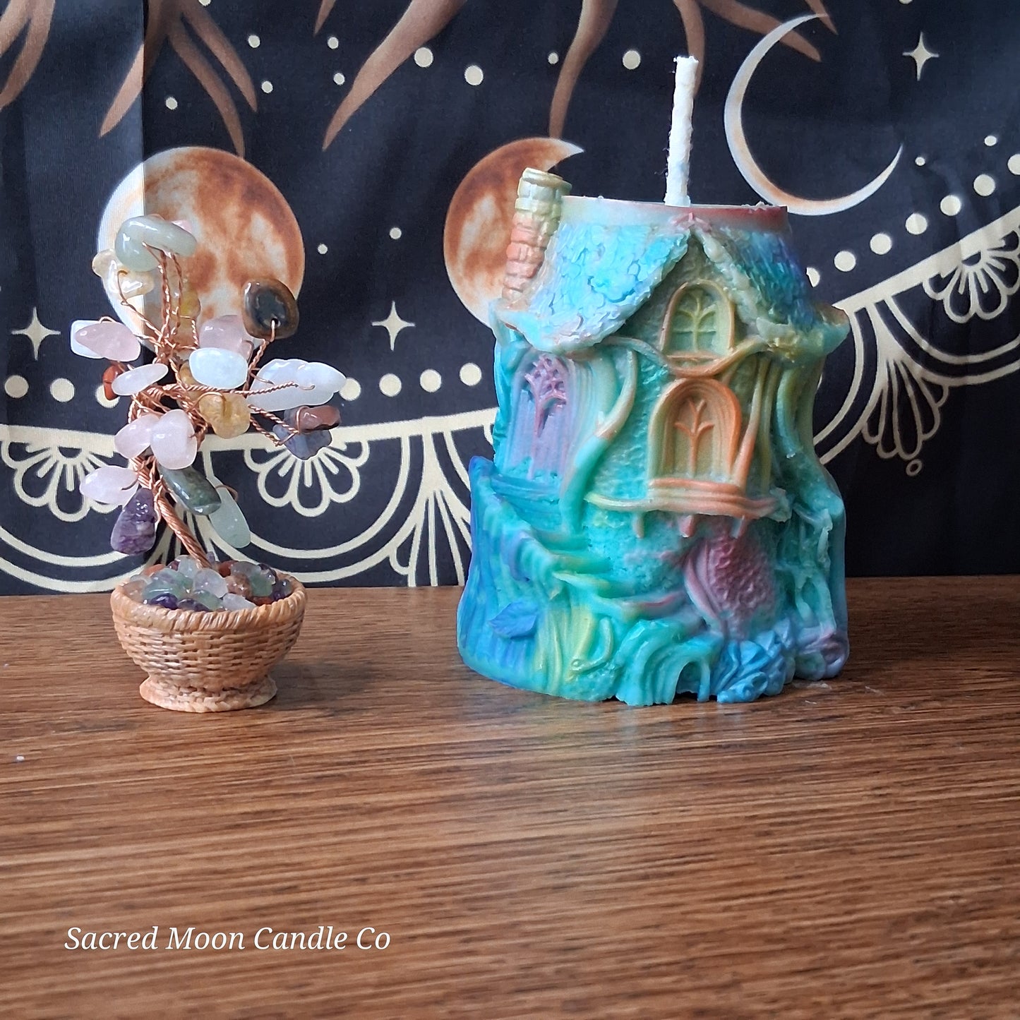 Rainbow Sherbert Sweet Blossom Scented Treehouse Candle by Sacred Moon Candle Co on wooden surface