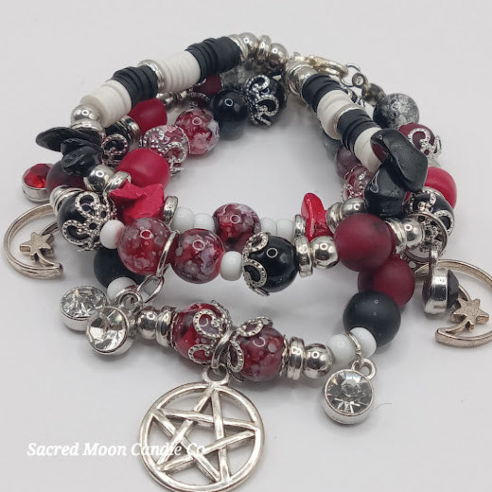 Triple Moon Goddess pentacle charm bracelet set by Sacred Moon Candle Co with red black white beads and silver accents