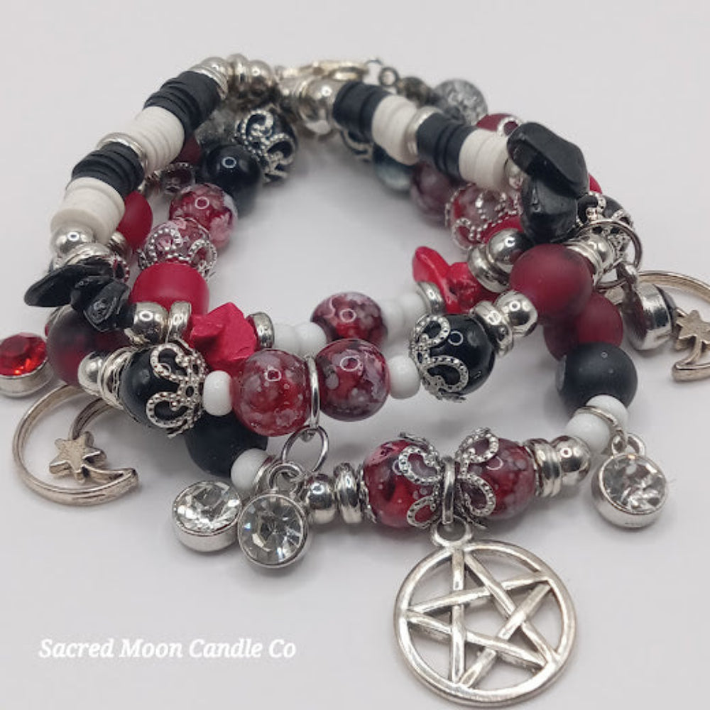 Triple Moon Goddess pentacle charm bracelet set with red black and white beads by Sacred Moon Candle Co