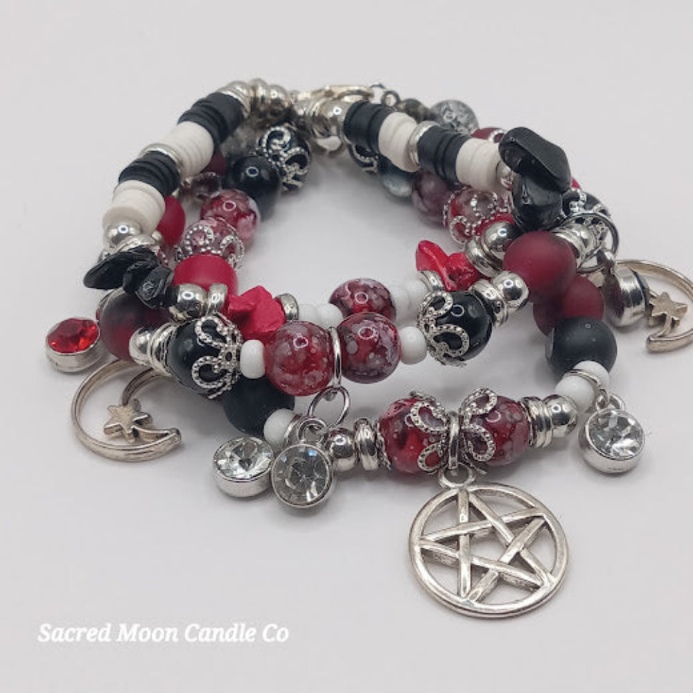 Triple Moon Goddess pentacle charm bracelet set by Sacred Moon Candle Co with red black and silver beads
