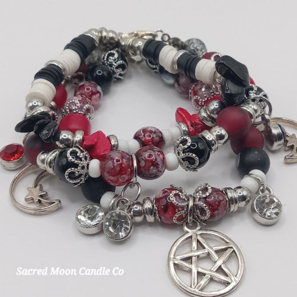 Triple Moon Goddess pentacle charm bracelet set by Sacred Moon Candle Co featuring red black and silver beads
