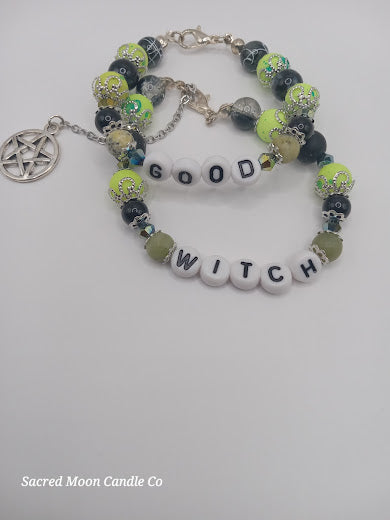 Lime Green Versatile That Witch, Bad Witch, Good Witch Bracelet Stack by Sacred Moon Candle Co with green and black beads