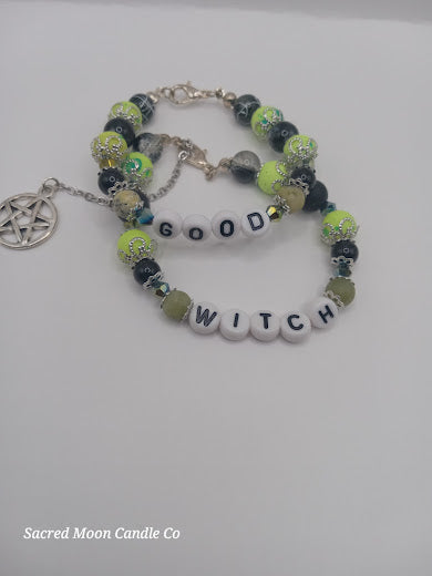Lime Green Versatile That Witch Bad Witch Good Witch Bracelet Stack with green beads and silver pentagram charm