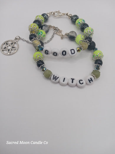 Lime Green Versatile That Witch, Bad Witch, Good Witch Bracelet Stack with beads and pentagram charm by Sacred Moon Candle Co