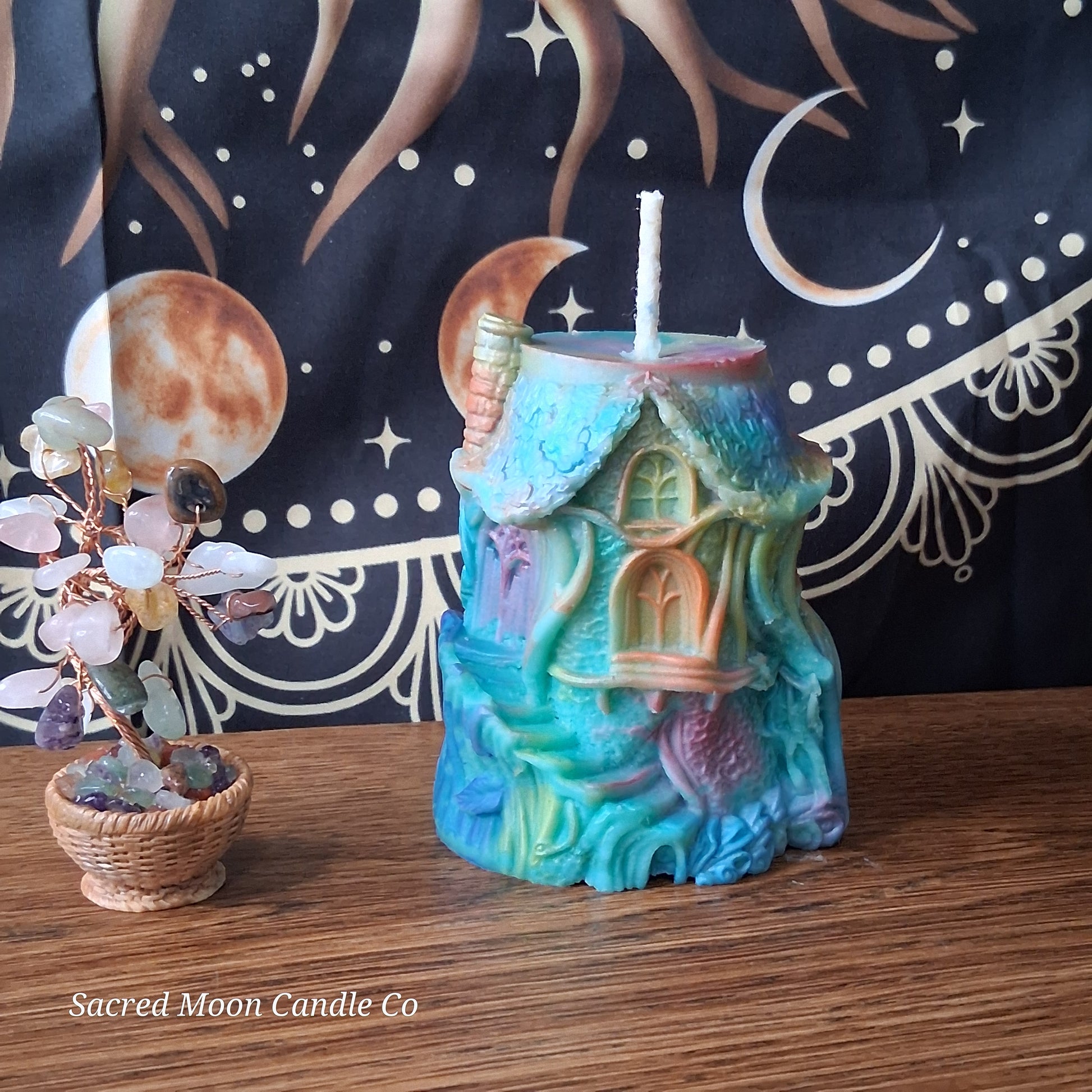 Rainbow Sherbert Sweet Blossom Scented Treehouse Candle by Sacred Moon Candle Co with colorful detailed design