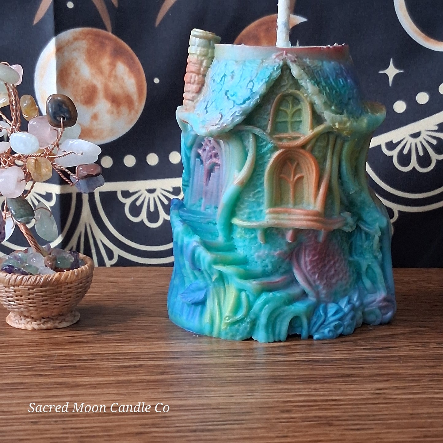 Rainbow Sherbert Sweet Blossom Scented Treehouse Candle by Sacred Moon Candle Co with colorful intricate details