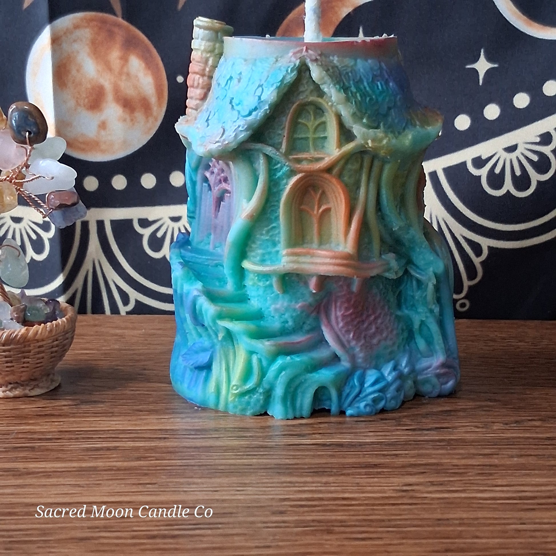 Rainbow Sherbert Sweet Blossom Scented Treehouse Candle by Sacred Moon Candle Co with vibrant pastel colors and detailed design