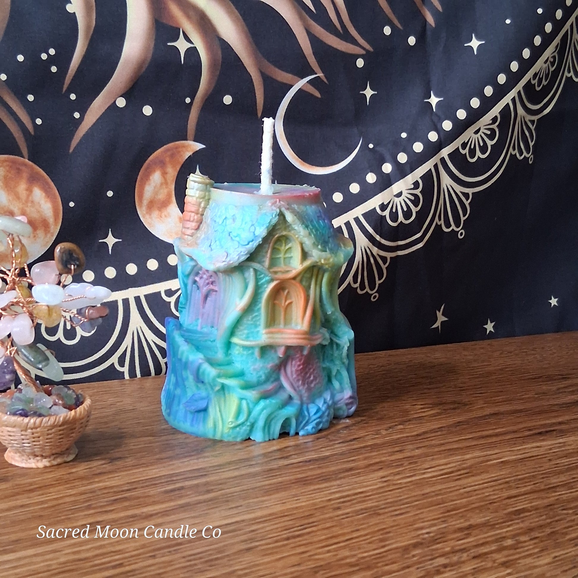 Rainbow Sherbert Sweet Blossom Scented Treehouse Candle by Sacred Moon Candle Co with colorful house design
