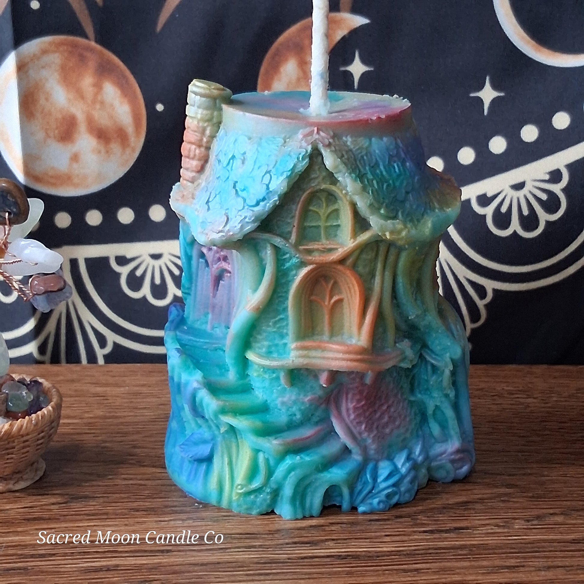 Rainbow Sherbert Sweet Blossom Scented Treehouse Candle by Sacred Moon Candle Co with colorful detailed treehouse design