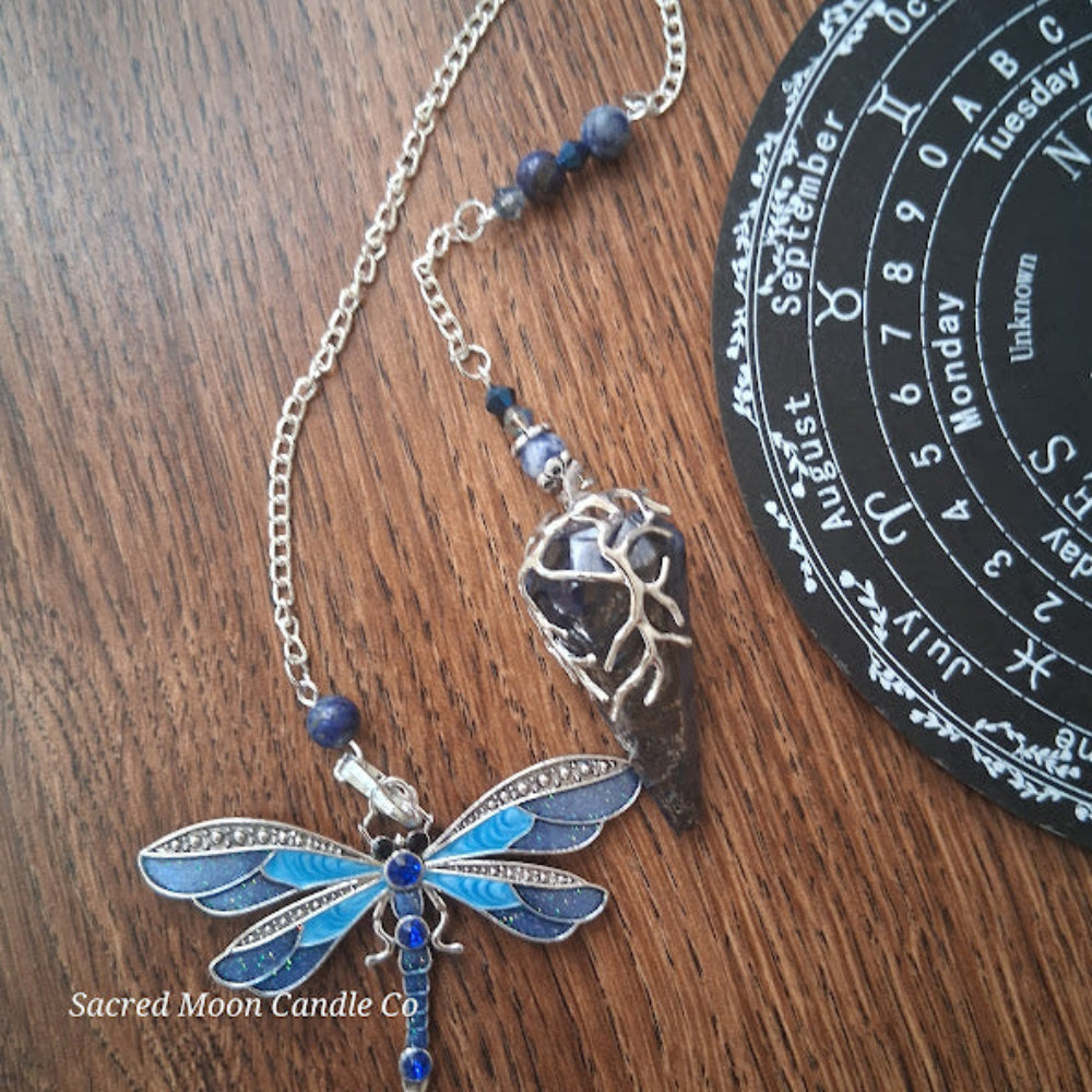 Sodalite and lapis lazuli pendulum with dragonfly charm on silver chain for altar tools by Sacred Moon Candle Co