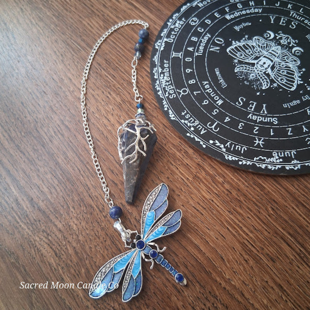 Sodalite and lapis lazuli pendulum with dragonfly charm on a silver chain from Sacred Moon Candle Co