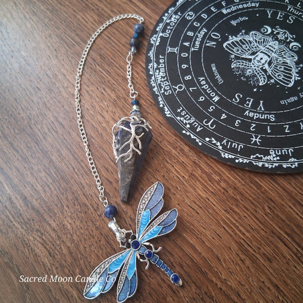 Sodalite and lapis lazuli pendulum with dragonfly charm and divination board by Sacred Moon Candle Co