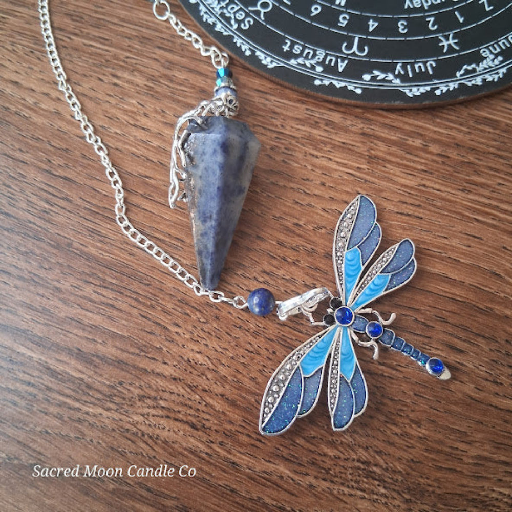 Sodalite and lapis lazuli pendulum with dragonfly charm on silver chain by Sacred Moon Candle Co