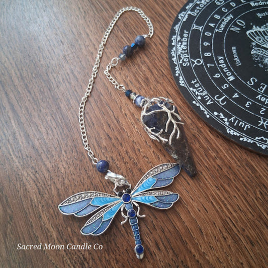 Sodalite and lapis lazuli pendulum with dragonfly charm and silver chain from Sacred Moon Candle Co altar tools