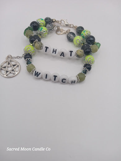Lime Green Versatile That Witch, Bad Witch, Good Witch Bracelet Stack with beads and pentagram charm