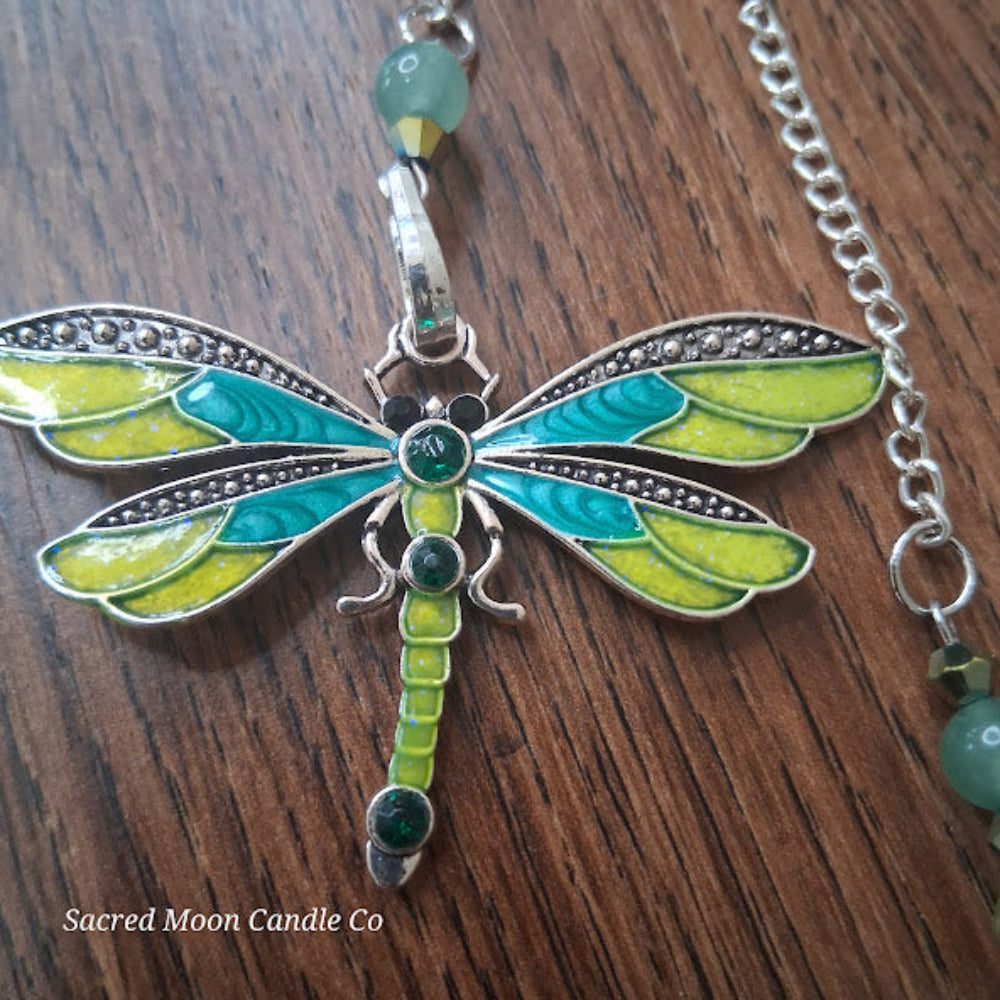 Unakite amazonite dragonfly pendulum altar tool by Sacred Moon Candle Co with green and blue wings