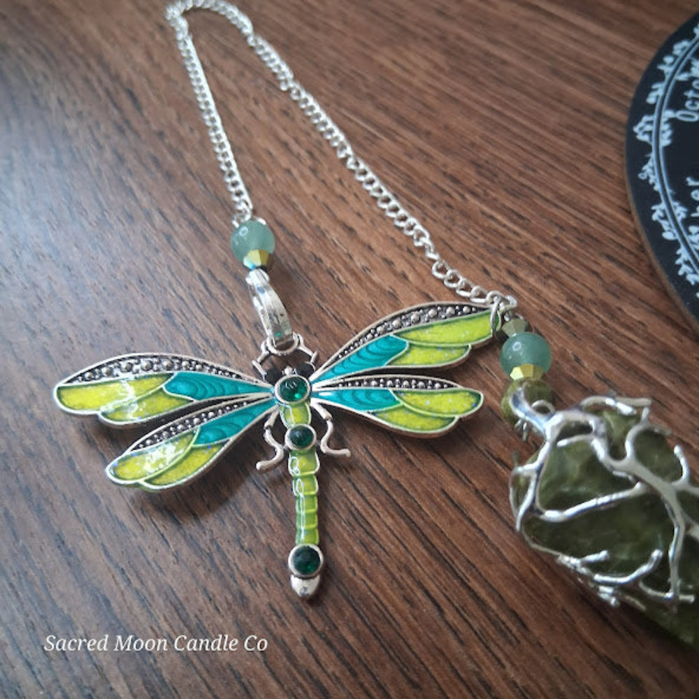 Unakite amazonite dragonfly pendulum with green and blue wings on a silver chain altar tool by Sacred Moon Candle Co