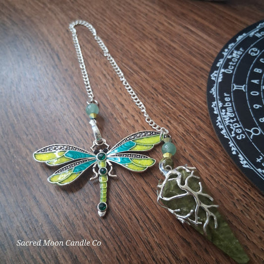 Unakite amazonite dragonfly pendulum with silver chain and green stone by Sacred Moon Candle Co